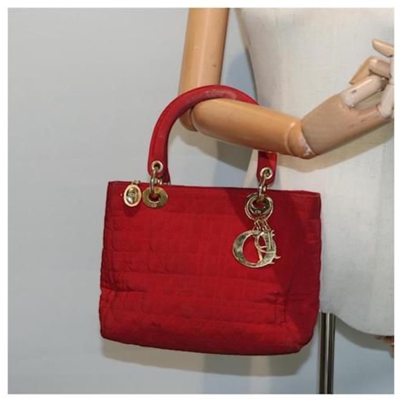 Authentic Christian Dior Vintage Canage Quilted Nylon Lady Dior Hand Bag Red - Picture 3 of 16